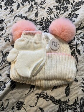 Source Unknown Cream Knit Kids Hat & Mittens Set with Pink Pom-Poms